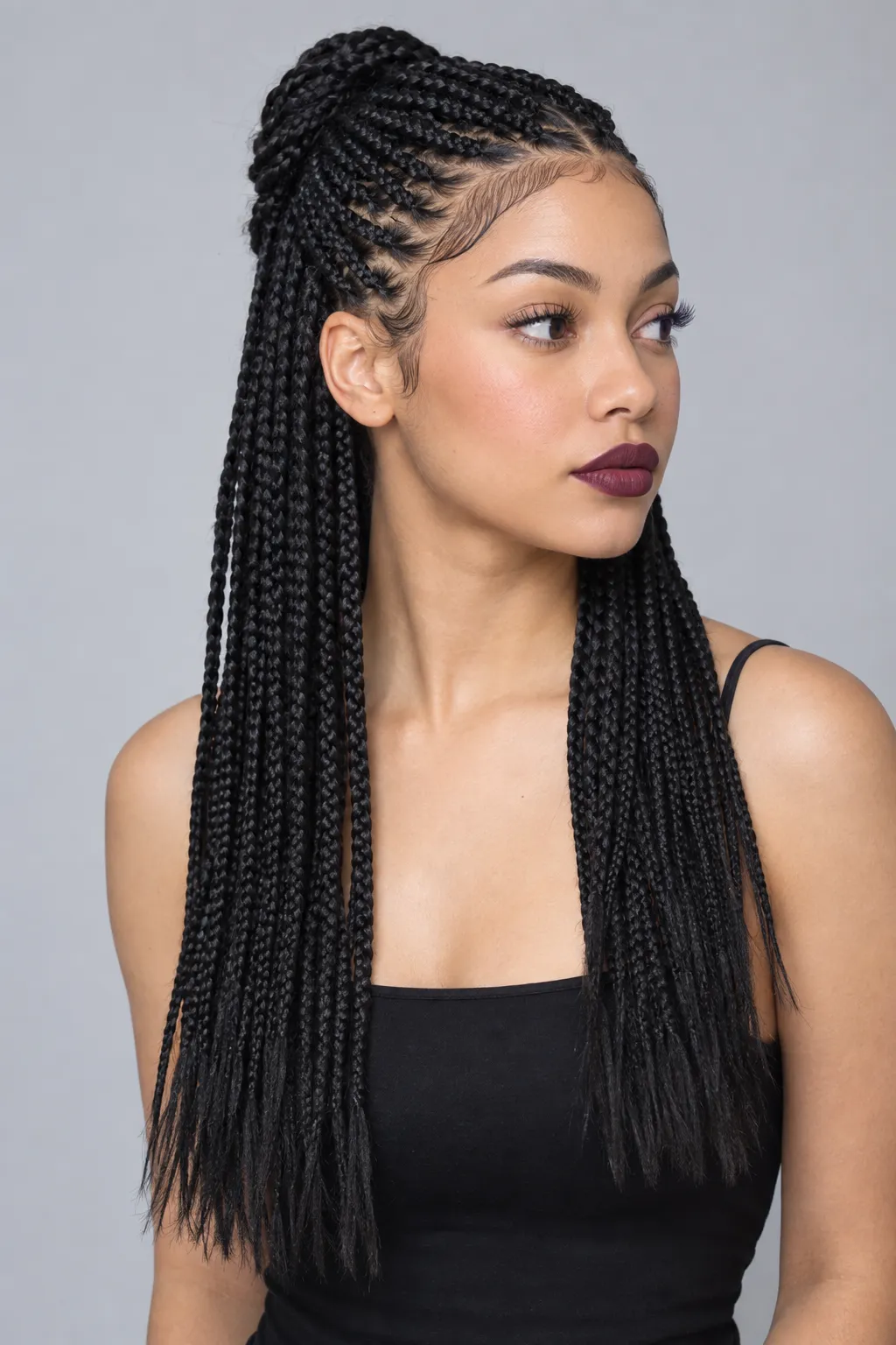 Classic Black Box Braids with Side Cornrow Detail