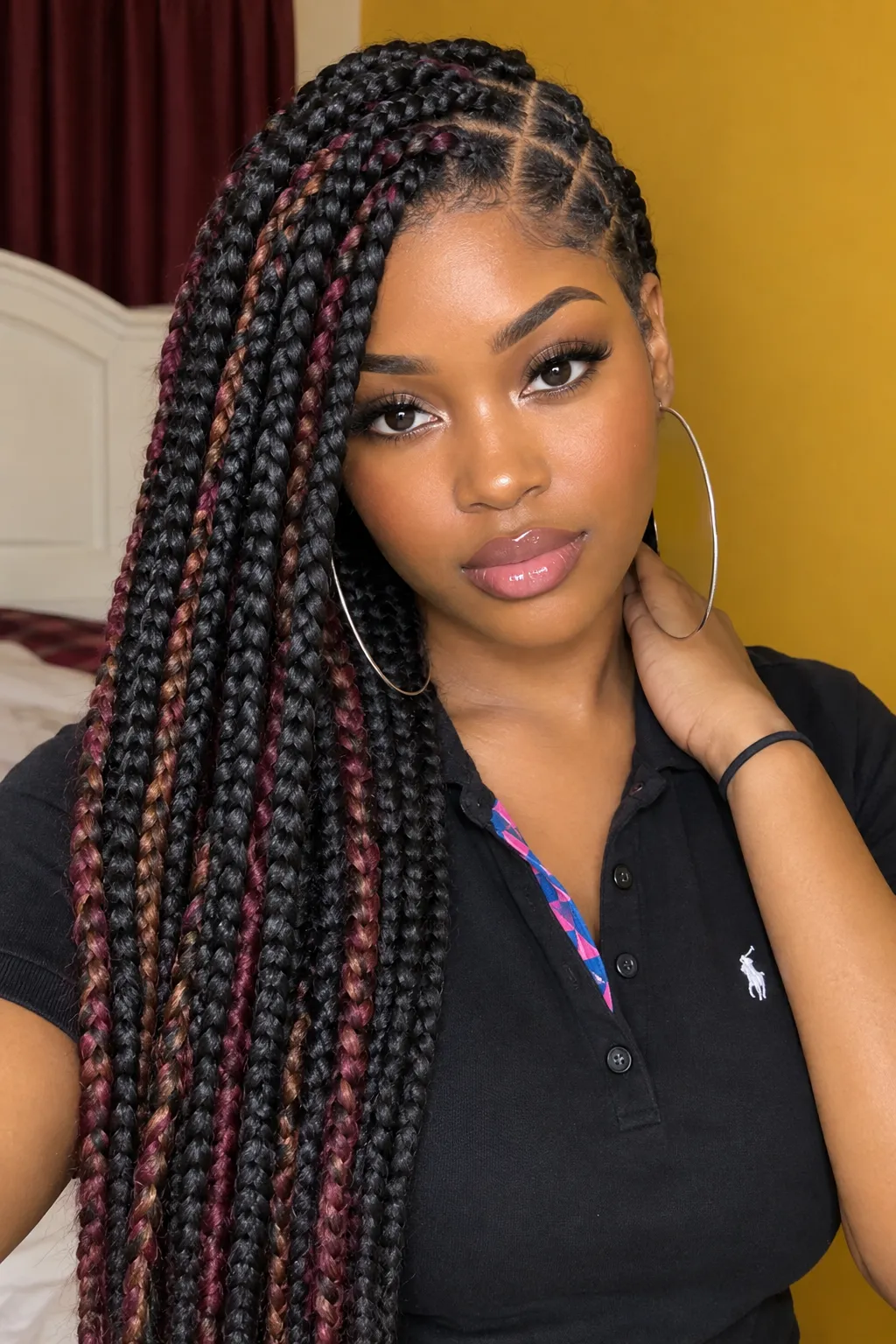 Black Box Braids with Burgundy and Copper Highlights