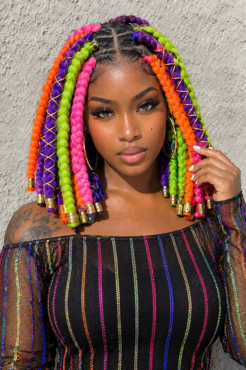Rainbow Multicolor Box Braids with Gold Wire Wraps
