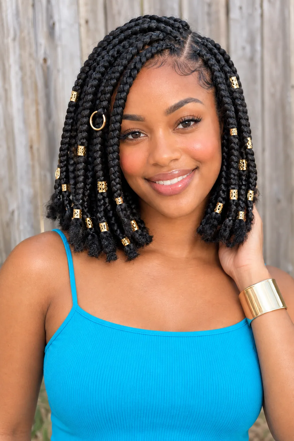 Chin-Length Bob Box Braids with Gold Cuff Accents