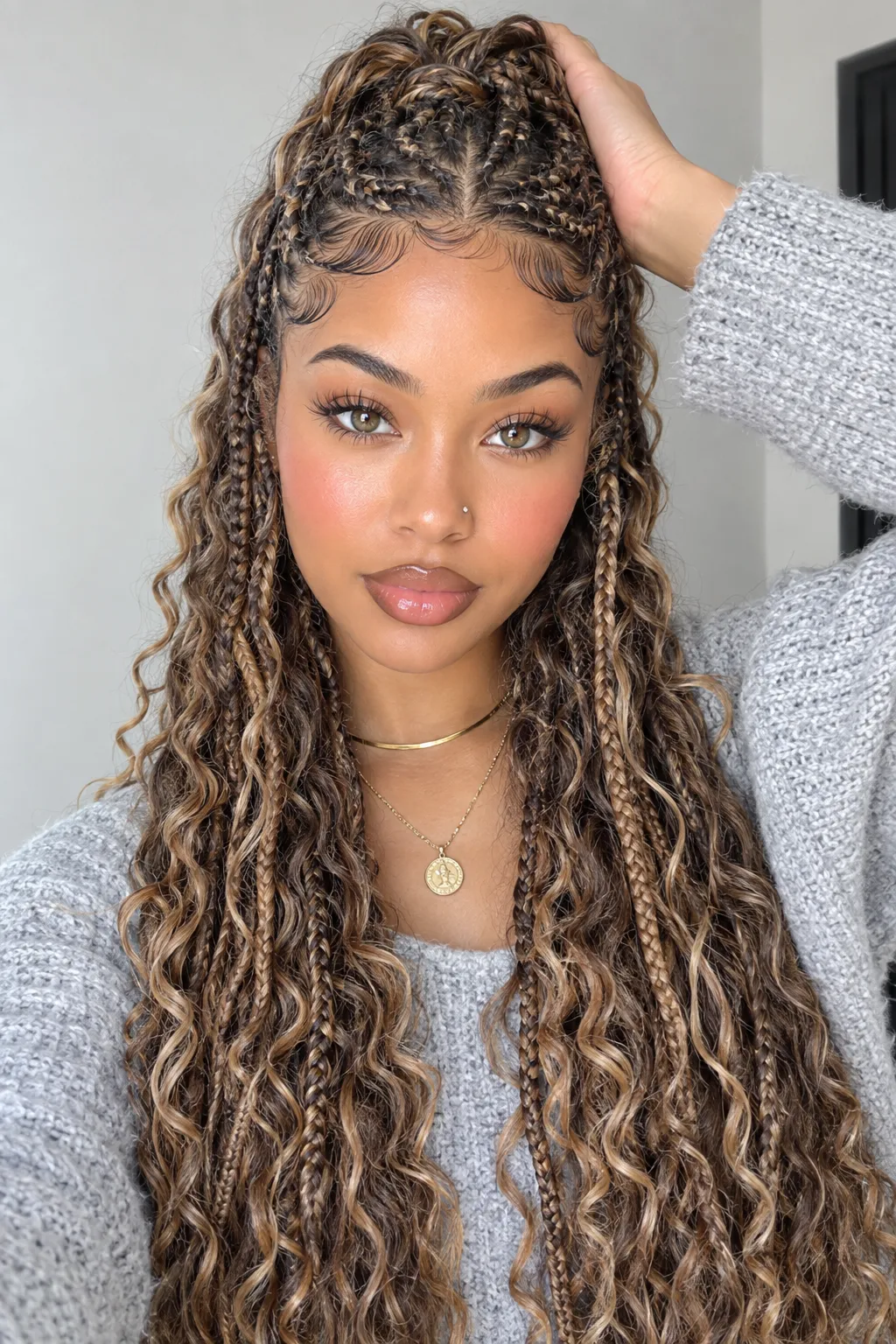 Highlighted Boho Box Braids with Curly Face Framing