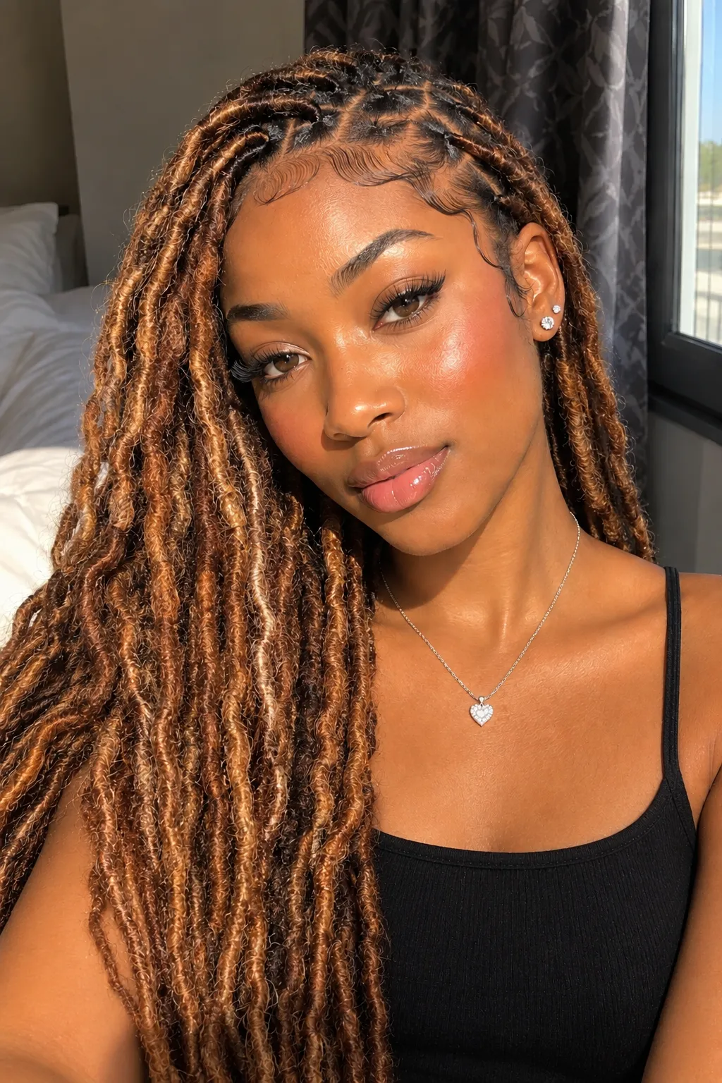  Textured Goddess Locs with Caramel Highlights