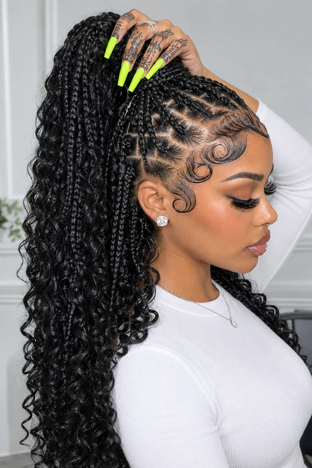 Boho Ponytail Box Braids with Swirled Baby Hair
