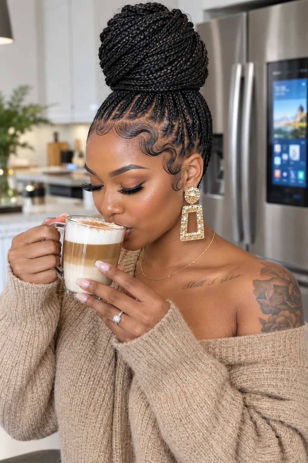 Sleek High Bun Box Braids with Swirled Edges