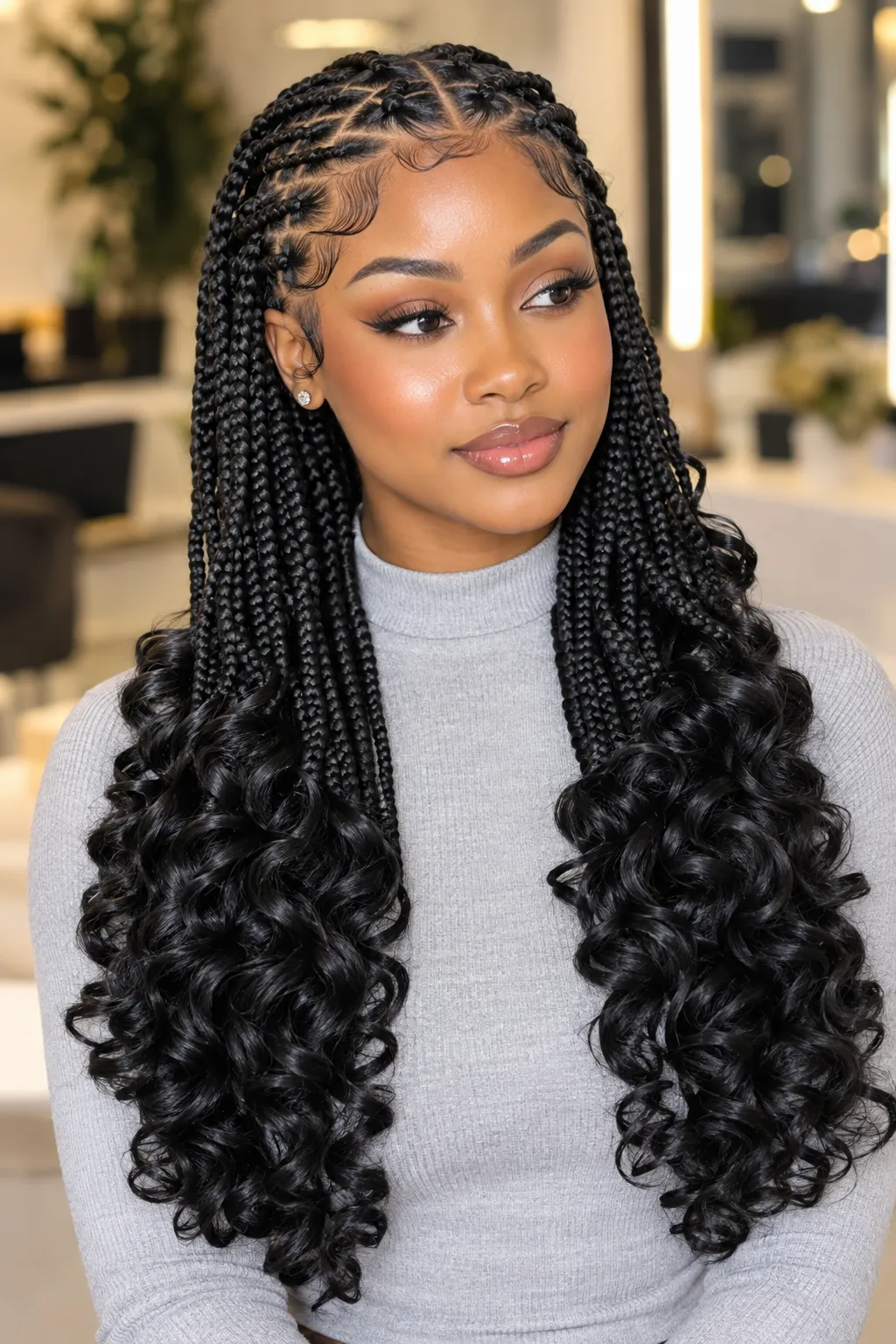 Classic Black Boho Box Braids with Curly Ends