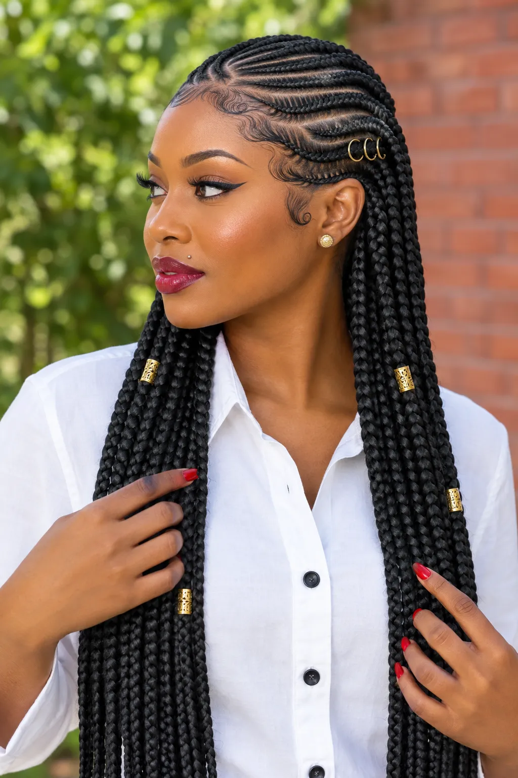 Cornrow Feed-In Box Braids with Gold Ring Accents
