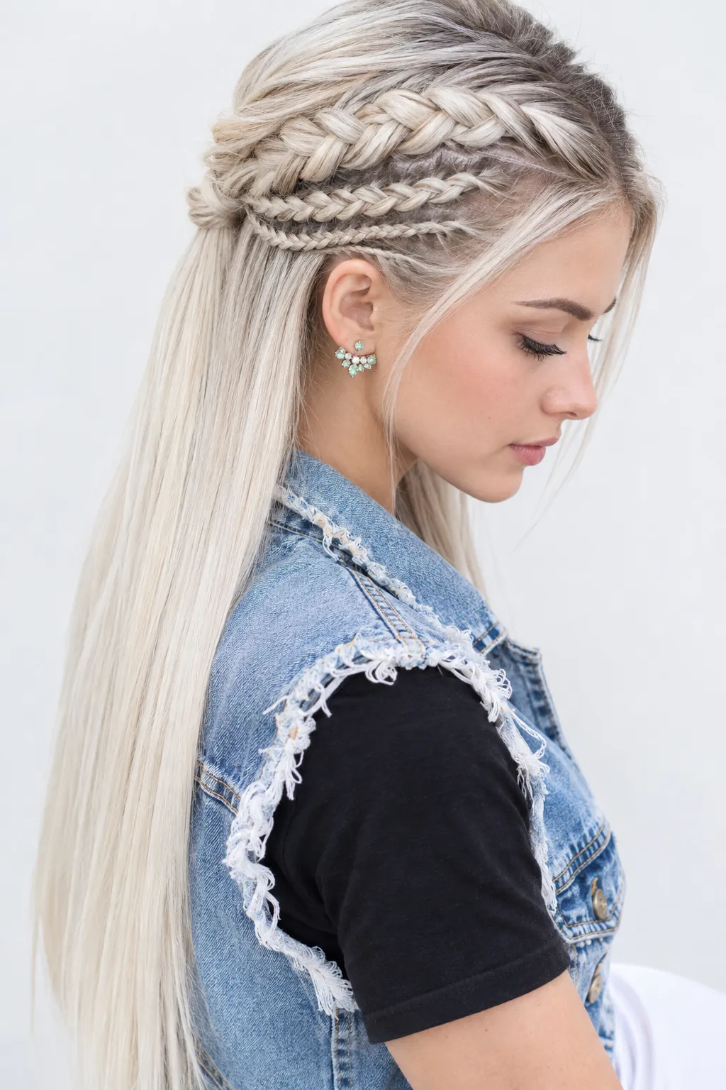 Triple Braided Half Up Style with Sleek Platinum Waterfall