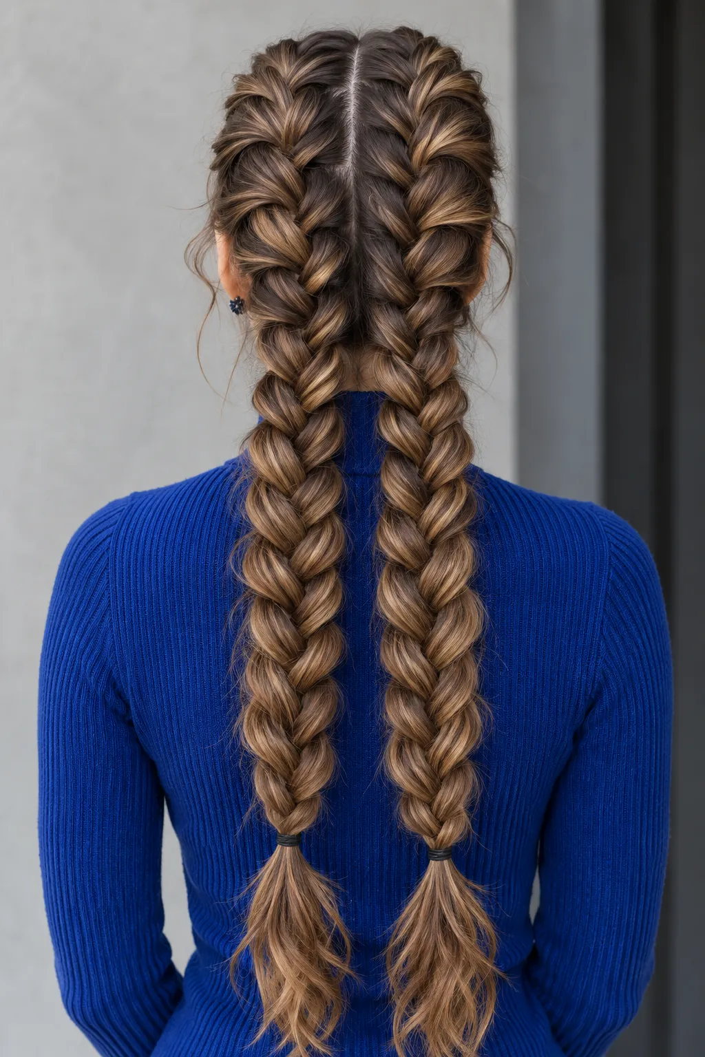 Double French Braided Pigtails with Caramel Highlights