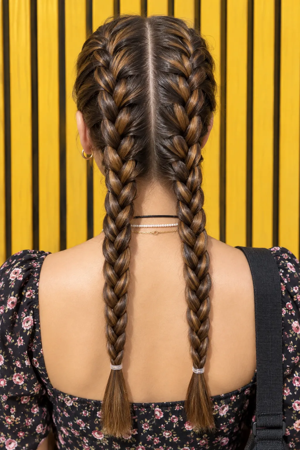 Chestnut Double French Braids with Caramel Balayage