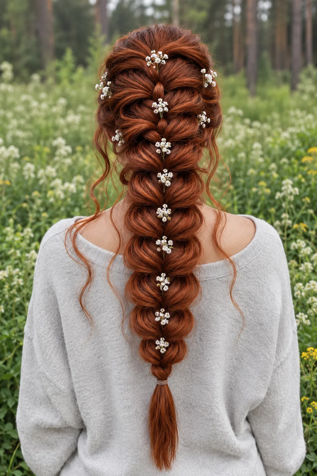 Copper French Braid with Baby's Breath Flowers