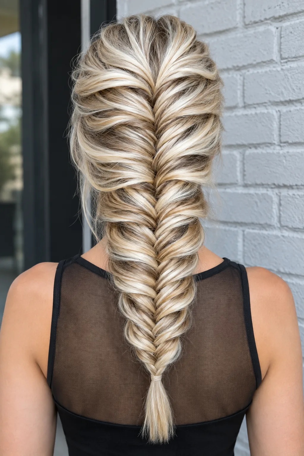 Loose Fishtail French Braid with Blonde Highlights