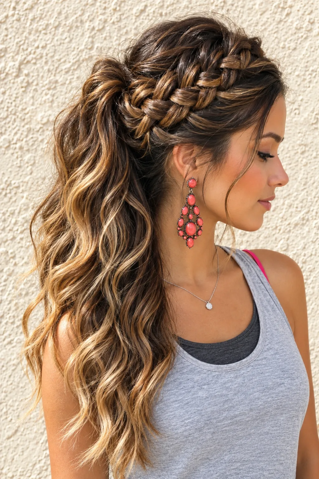French Braided Half Up Style with Beachy Waves