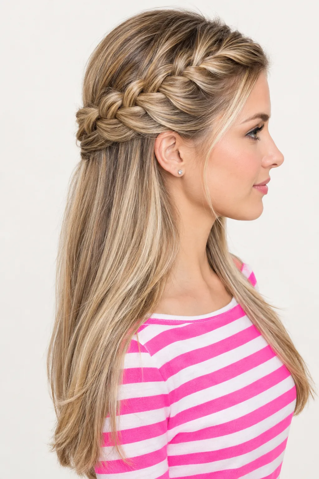  Side French Braid with Sleek Blonde Highlights