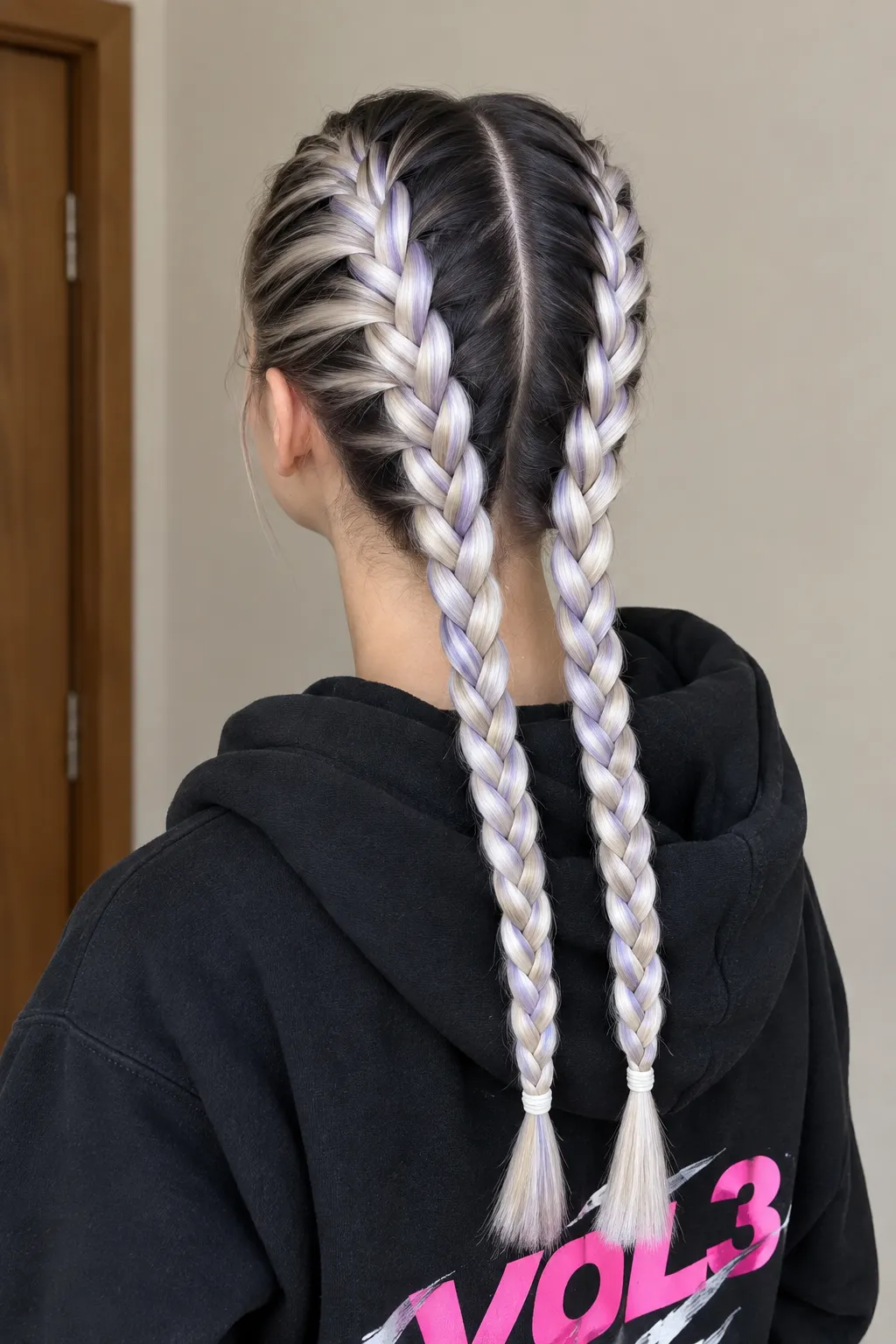 Double French Braids with Lavender and Platinum Streaks