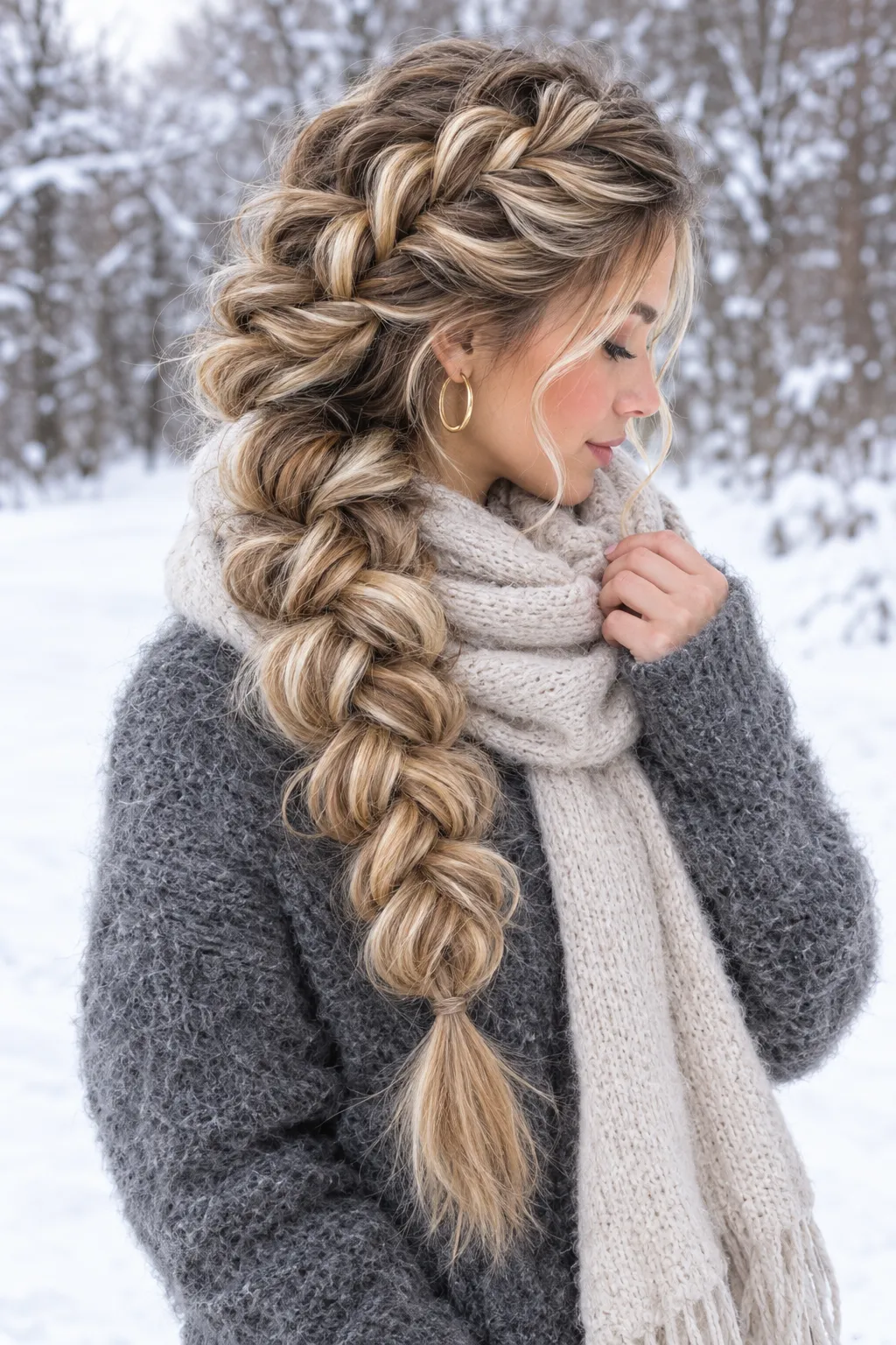 Chunky Winter French Braid with Golden Highlights