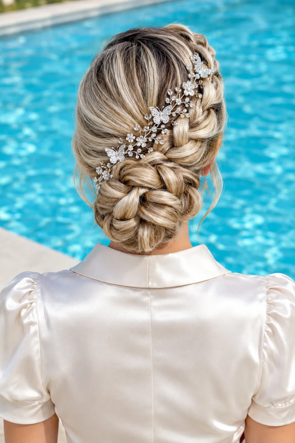 Bridal French Braided Bun with Crystal Hairpiece