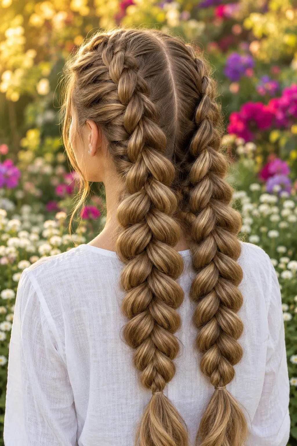 Voluminous Double French Braids in Golden Brown