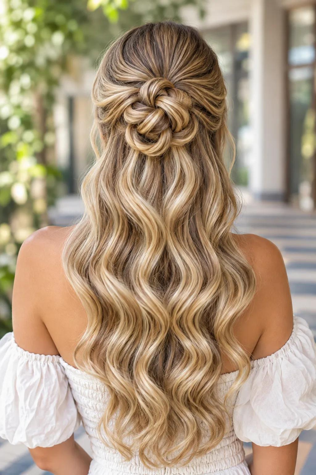 Twisted Rose Bun Half Up Half Down with Cascading Waves
