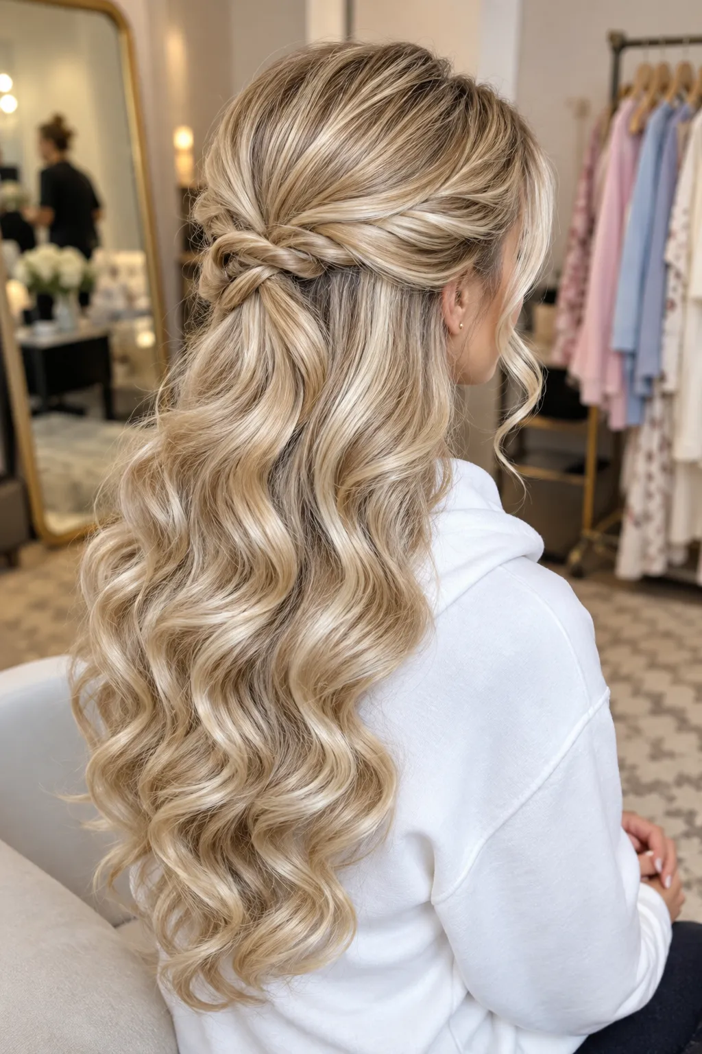 Interlocked Knot Half Up Half Down with Buttery Blonde Waves