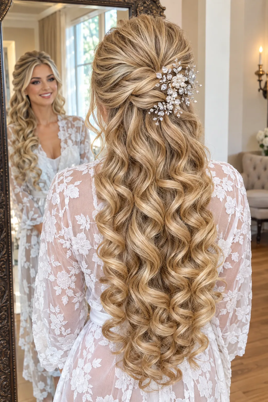 Jeweled Twist Half Up Half Down with Ringlet Curls