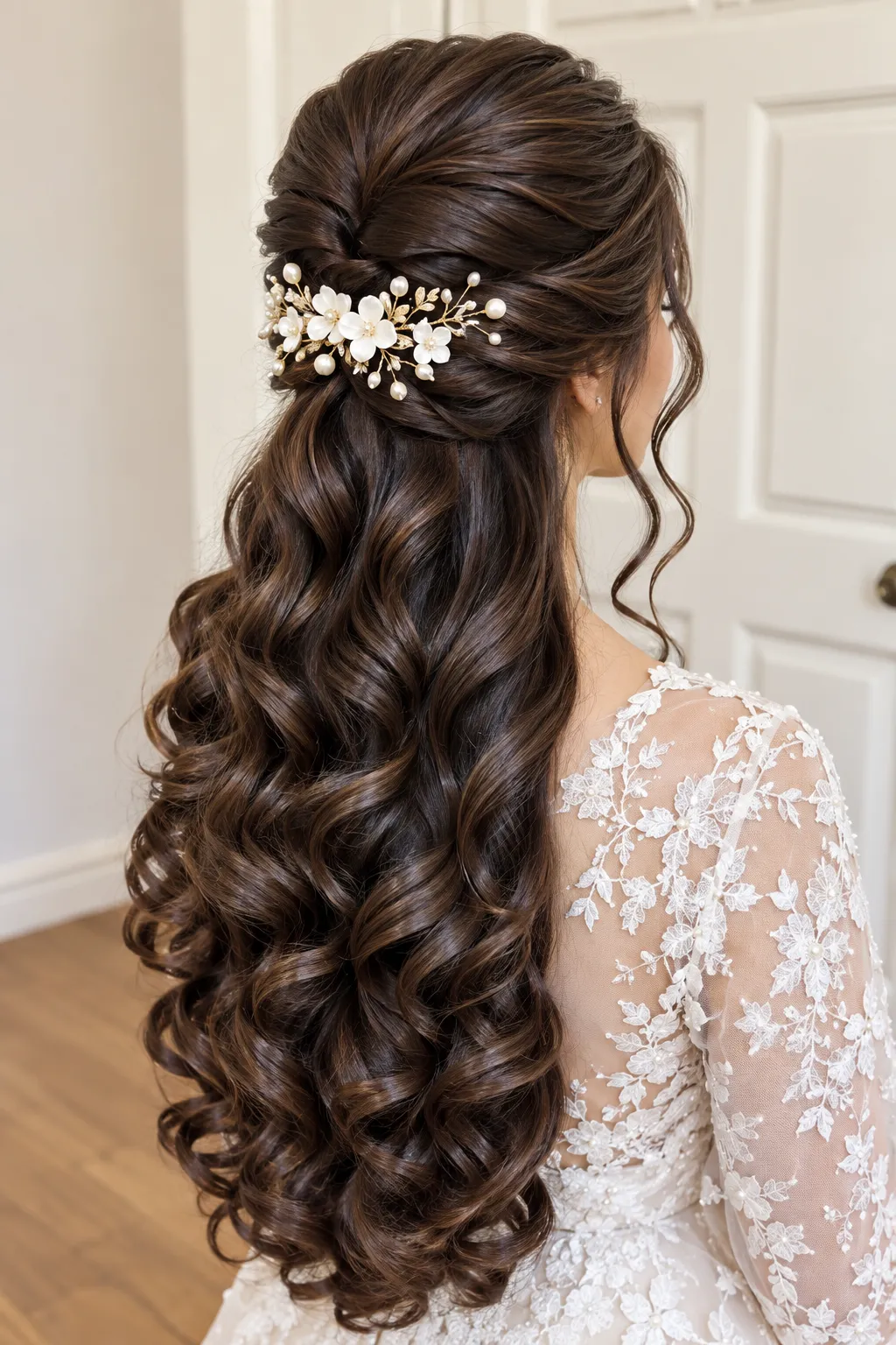 Pearl Blossom Half Up Half Down with Deep Brunette Curls