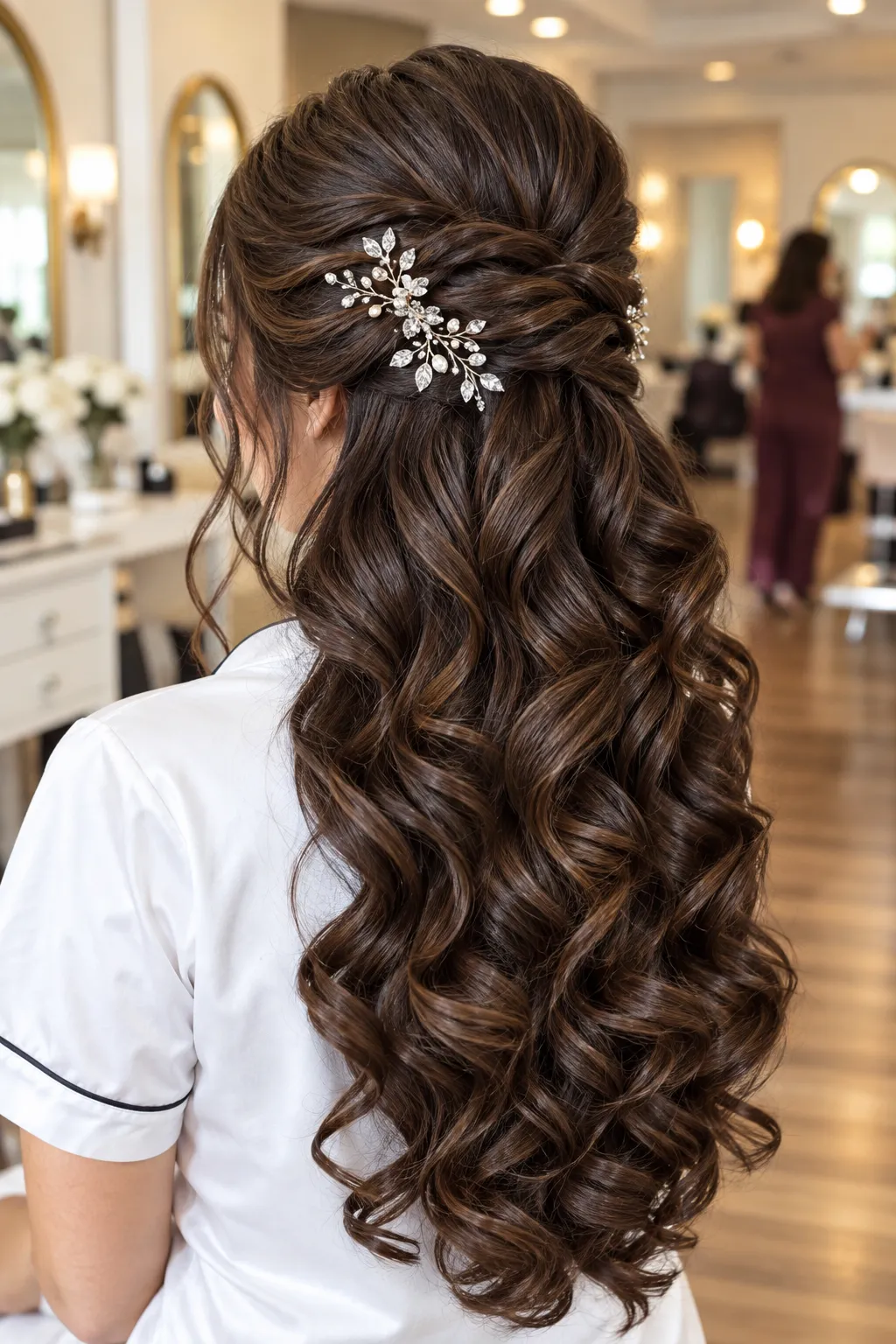 Crystal Vine Half Up Half Down with Glossy Chestnut Curls