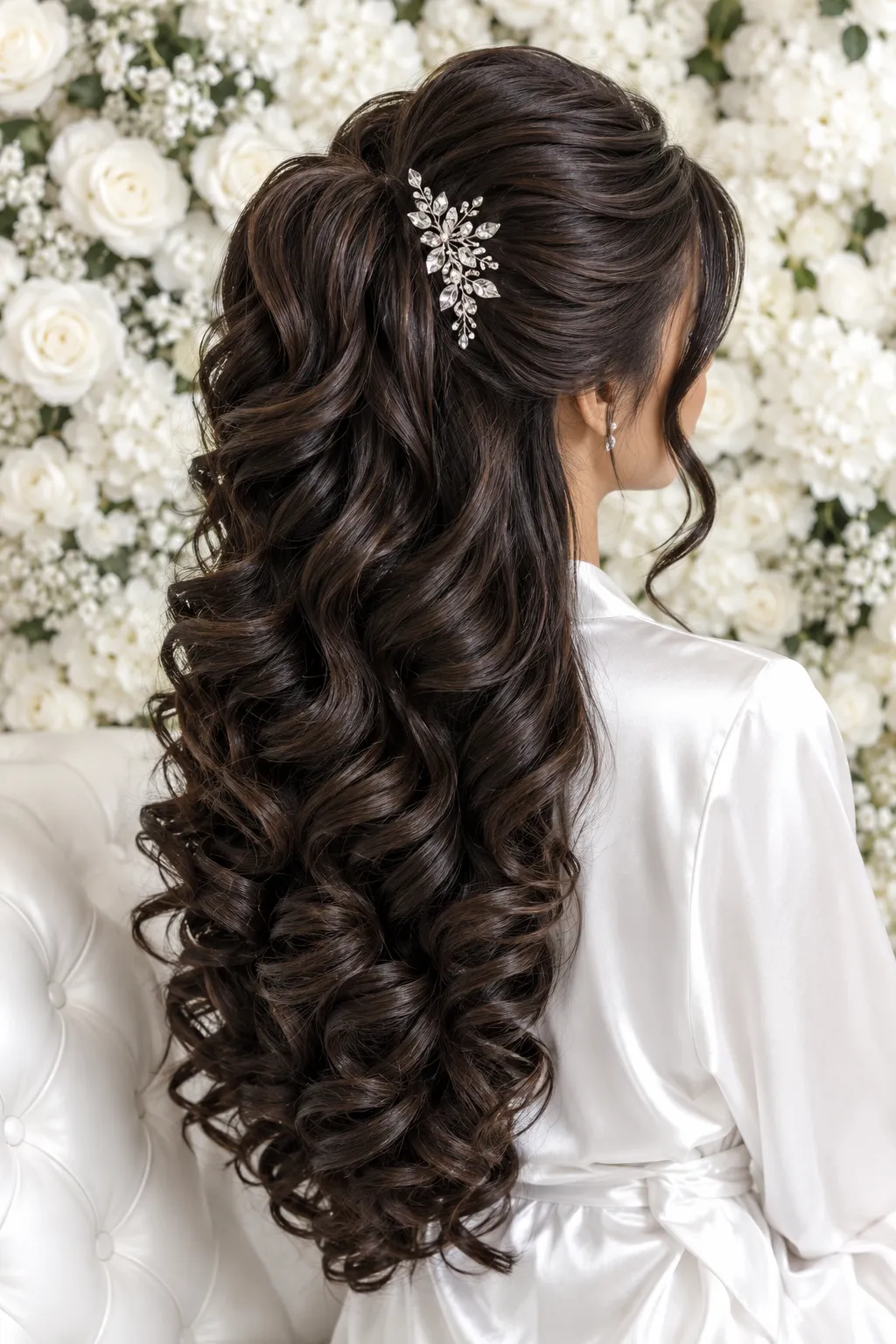 Silver Leaf Half Up Half Down with Bouncy Ringlet Curls