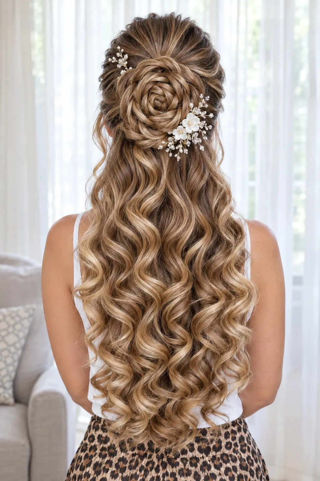 Braided Rose Half Up Half Down with Pearl Blossom Accent