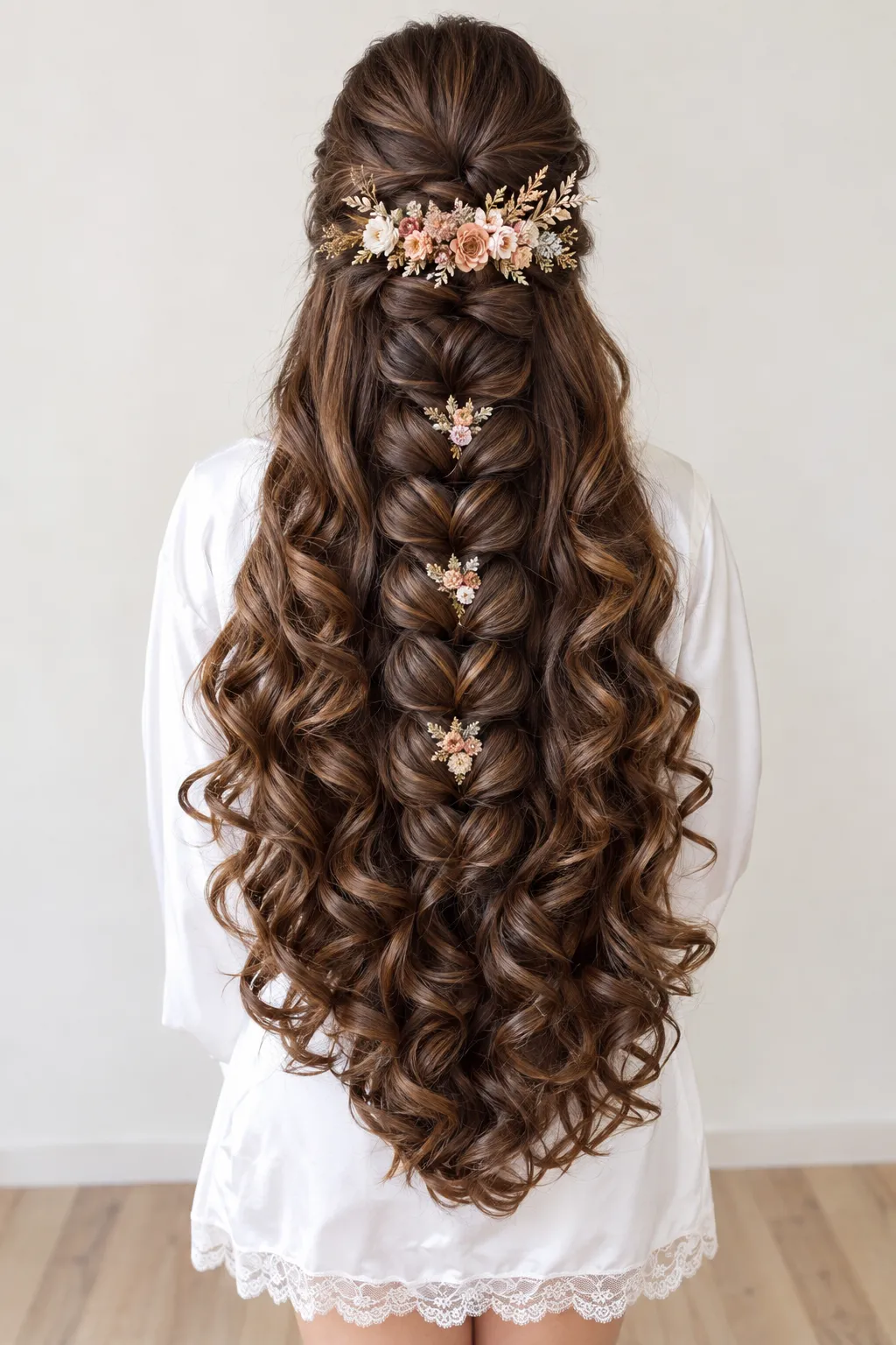 Floral Trail Half Up Half Down with Bubble Braid Curls
