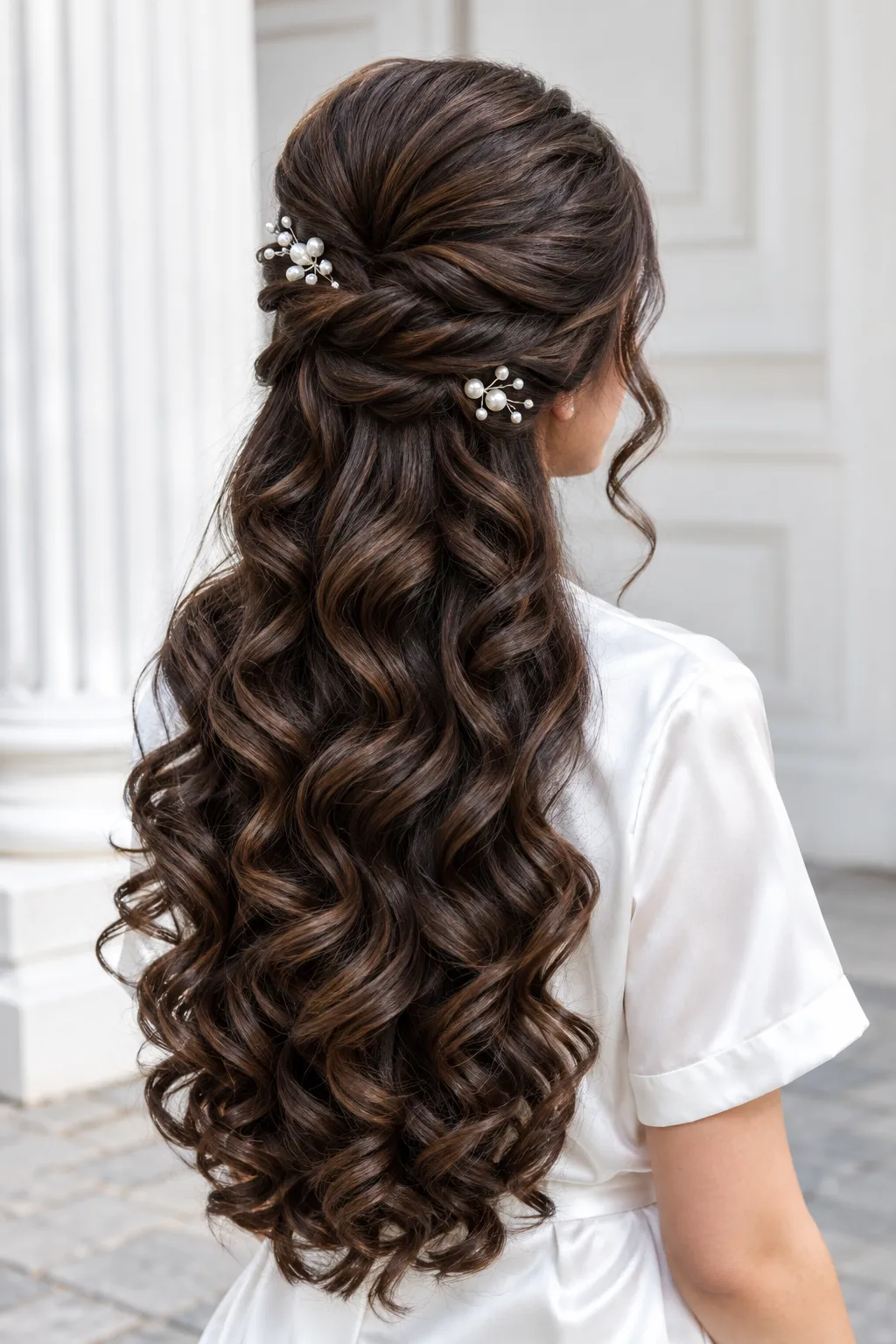 Dual Pearl Pin Half Up Half Down with Cascading Brunette Curls