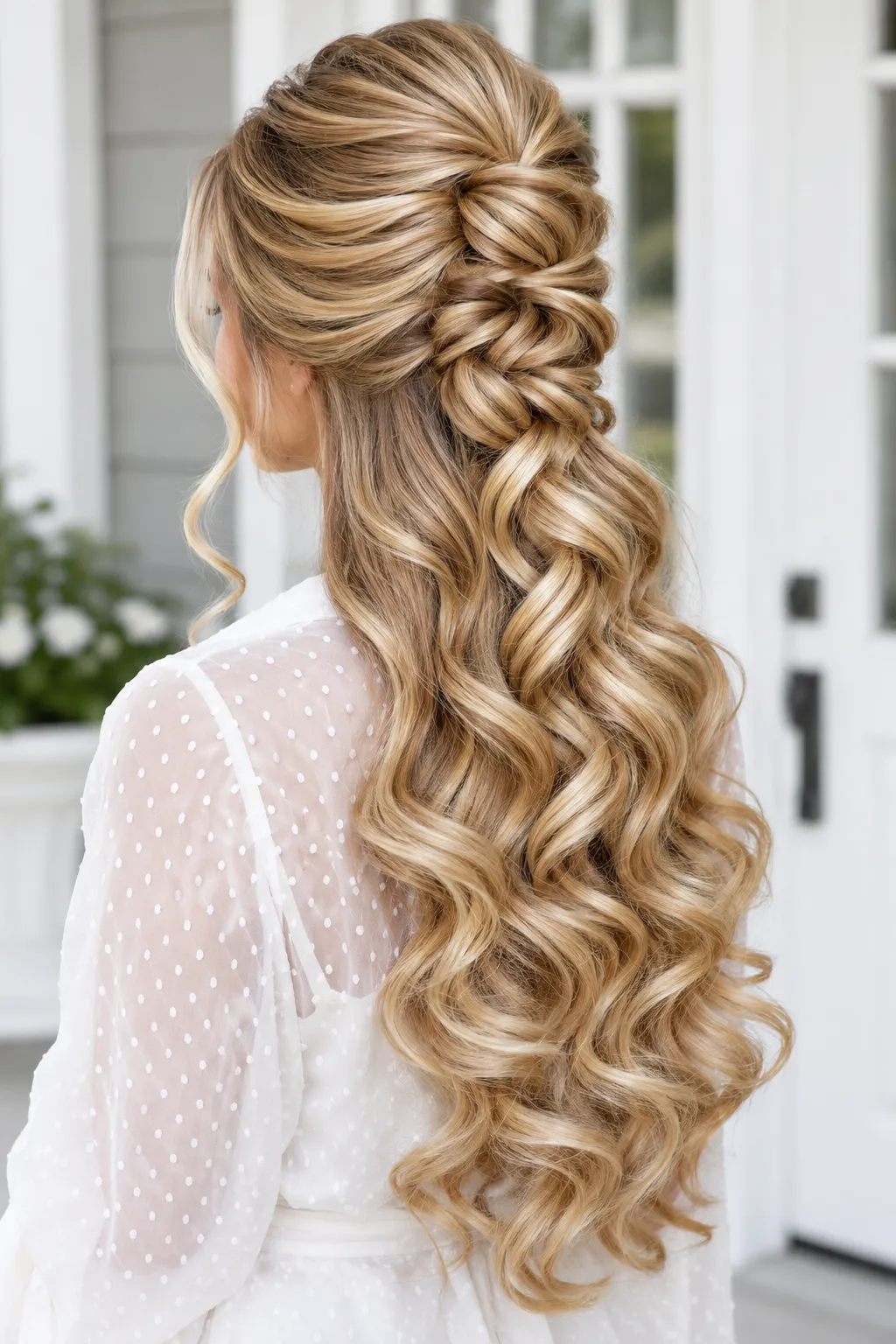 Woven Fishtail Half Up Half Down with Golden Blonde Curls