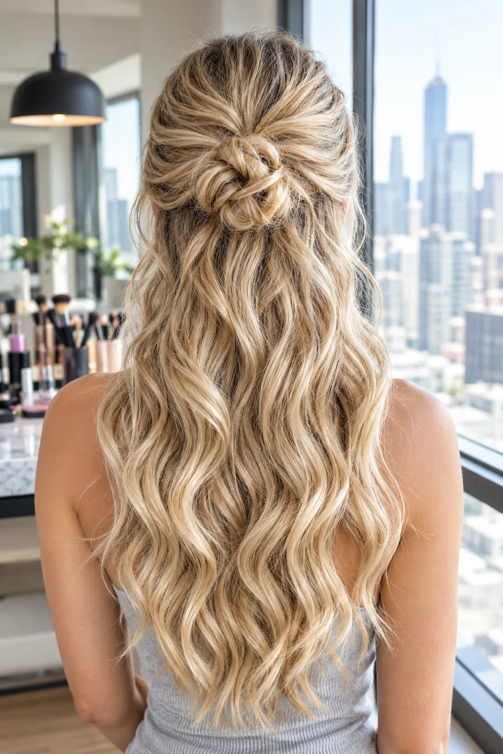City Knot Half Up Half Down with Beachy Wavy Curls