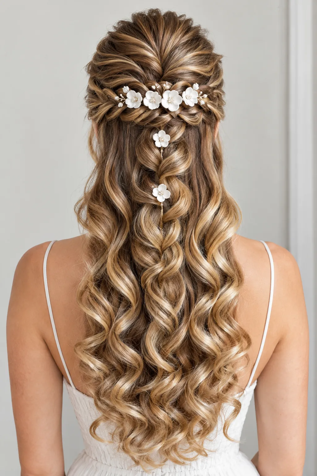 White Blossom Trail Half Up Half Down with Braided Curls