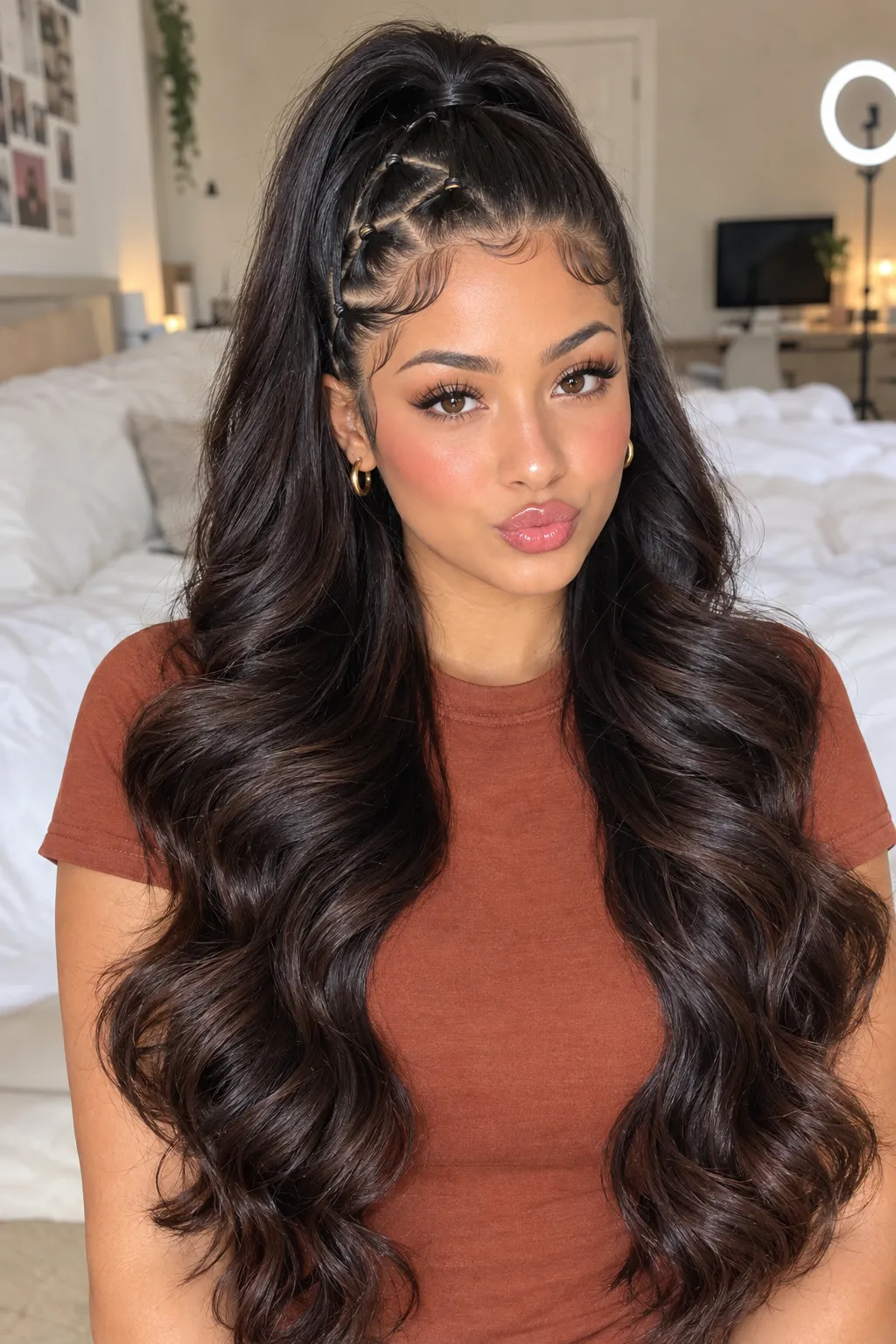 Zigzag Braid Half Up Half Down with Bold Face-Framing Waves