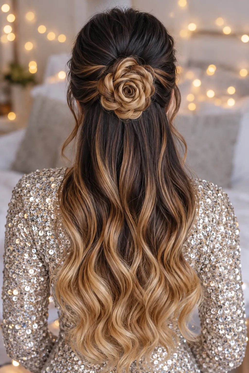 Ombre Rose Bun Half Up Half Down with Sparkling Party Curls