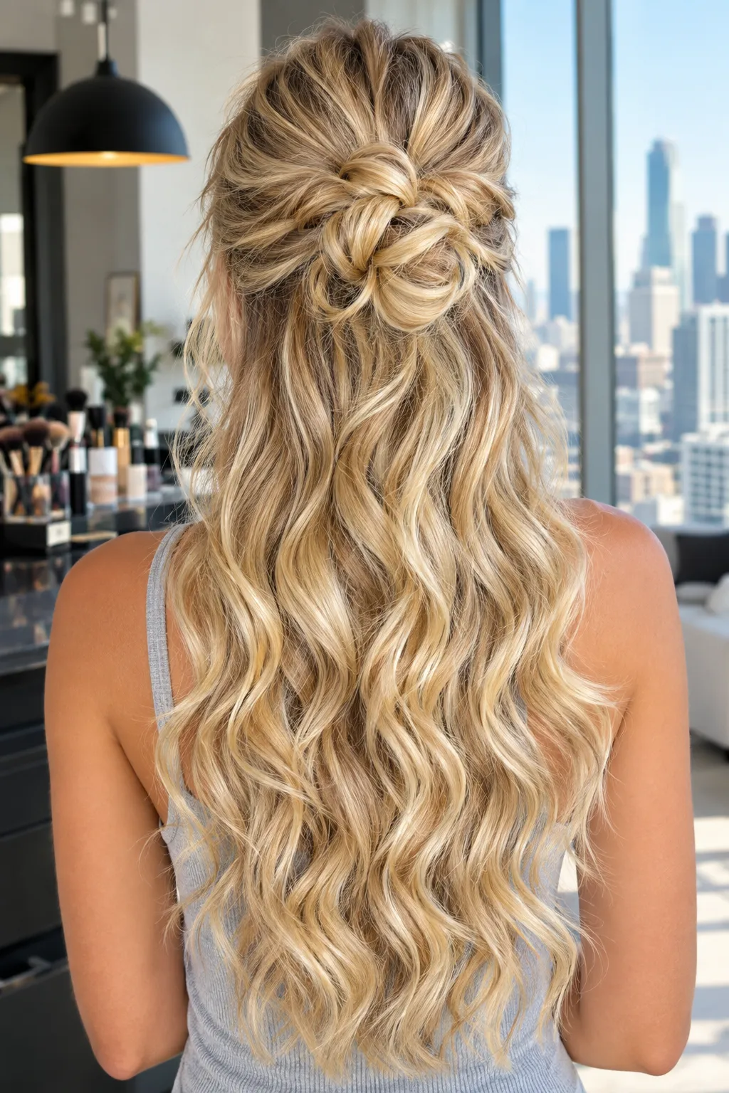 Skyline Knot Half Up Half Down with Sun-Kissed Beach Waves