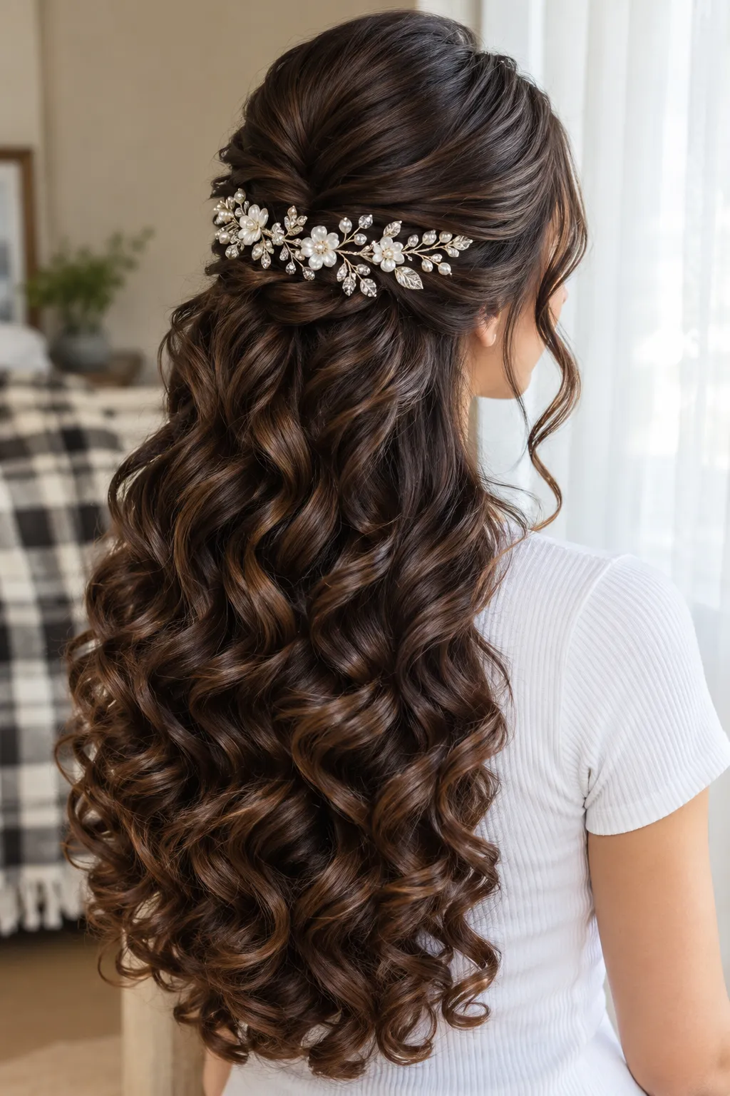 Pearl Blossom Comb Half Up Half Down with Deep Chestnut Curls