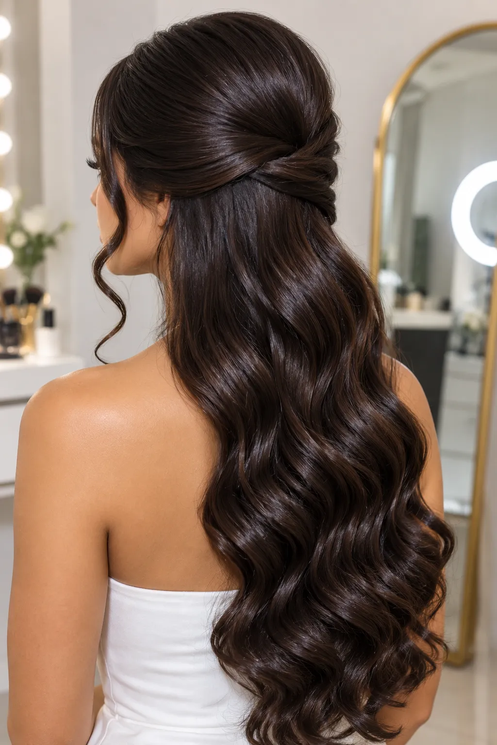 Glossy Twist Half Up Half Down with Sleek Chocolate Waves