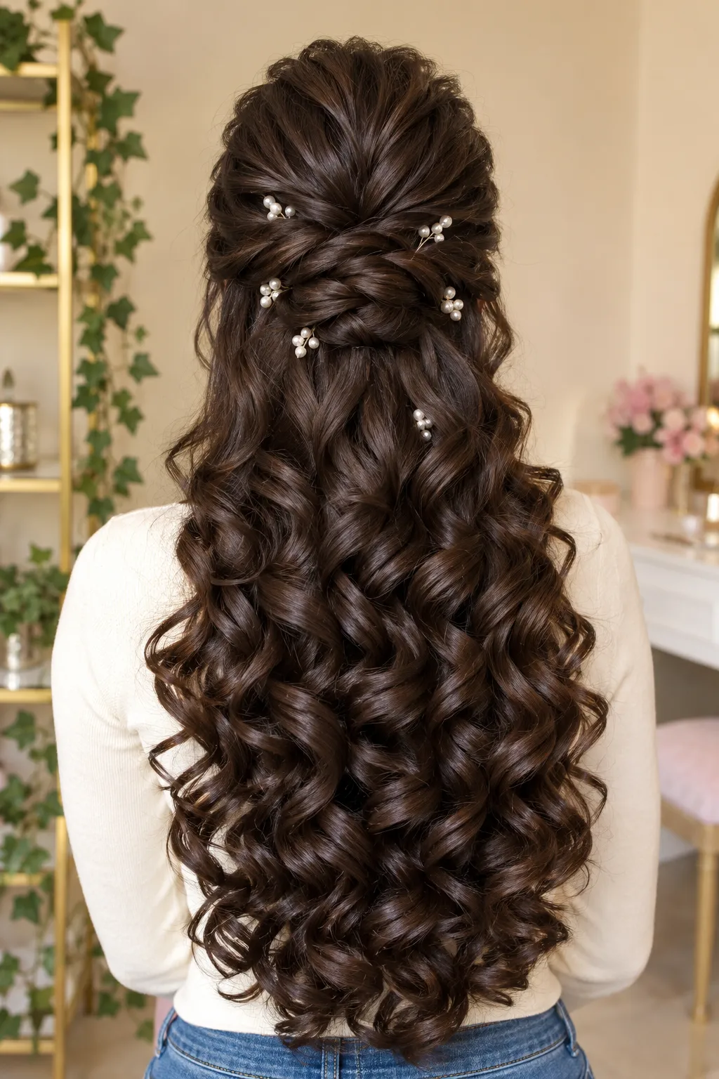 Pearl Scatter Twist Half Up Half Down with Deep Brunette Curls
