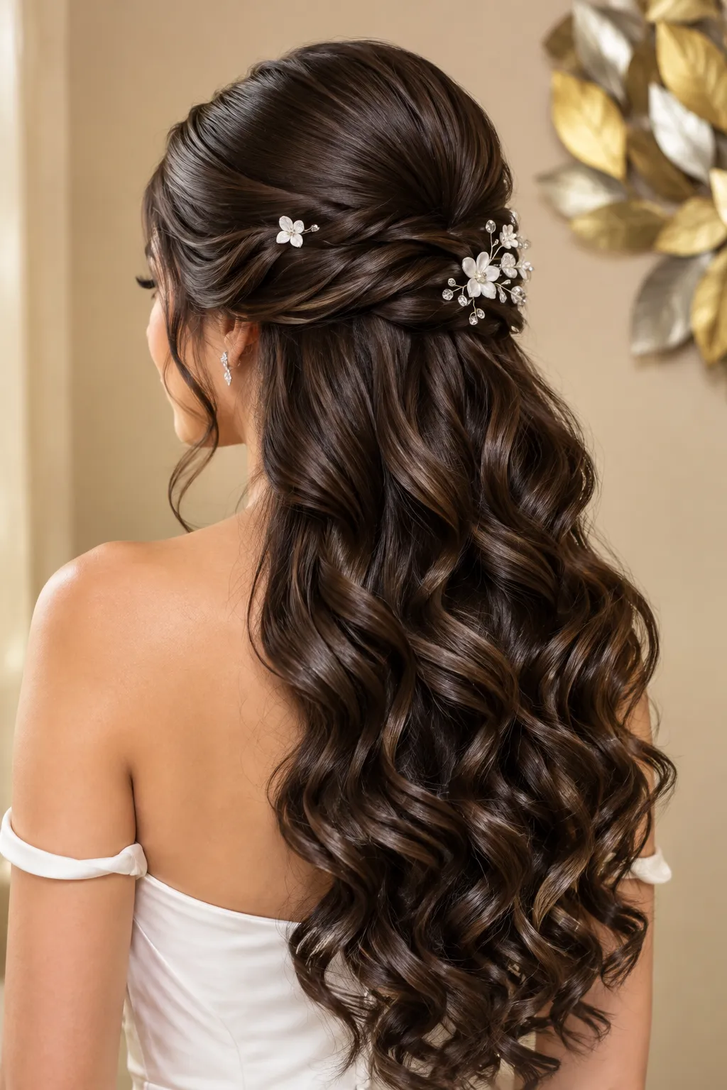 Floral Pin Duo Half Up Half Down with Glossy Brunette Waves