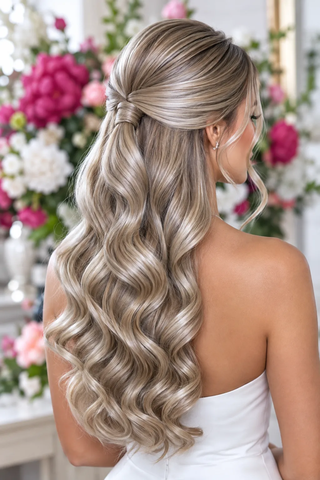 Bridal Bow Knot Half Up Half Down with Champagne Blonde Waves