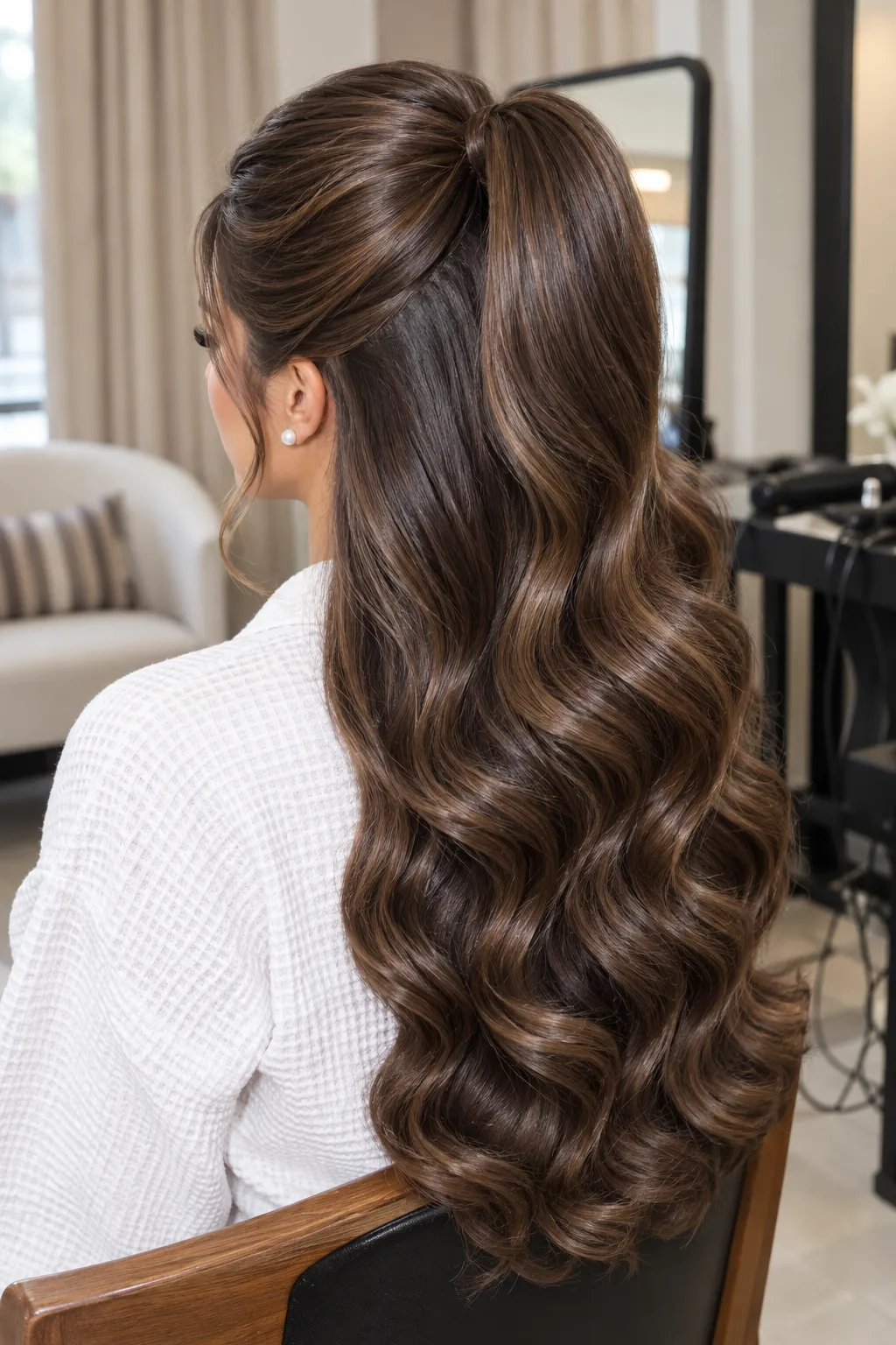 Sleek High Half Up Half Down with Smooth Chestnut Waves