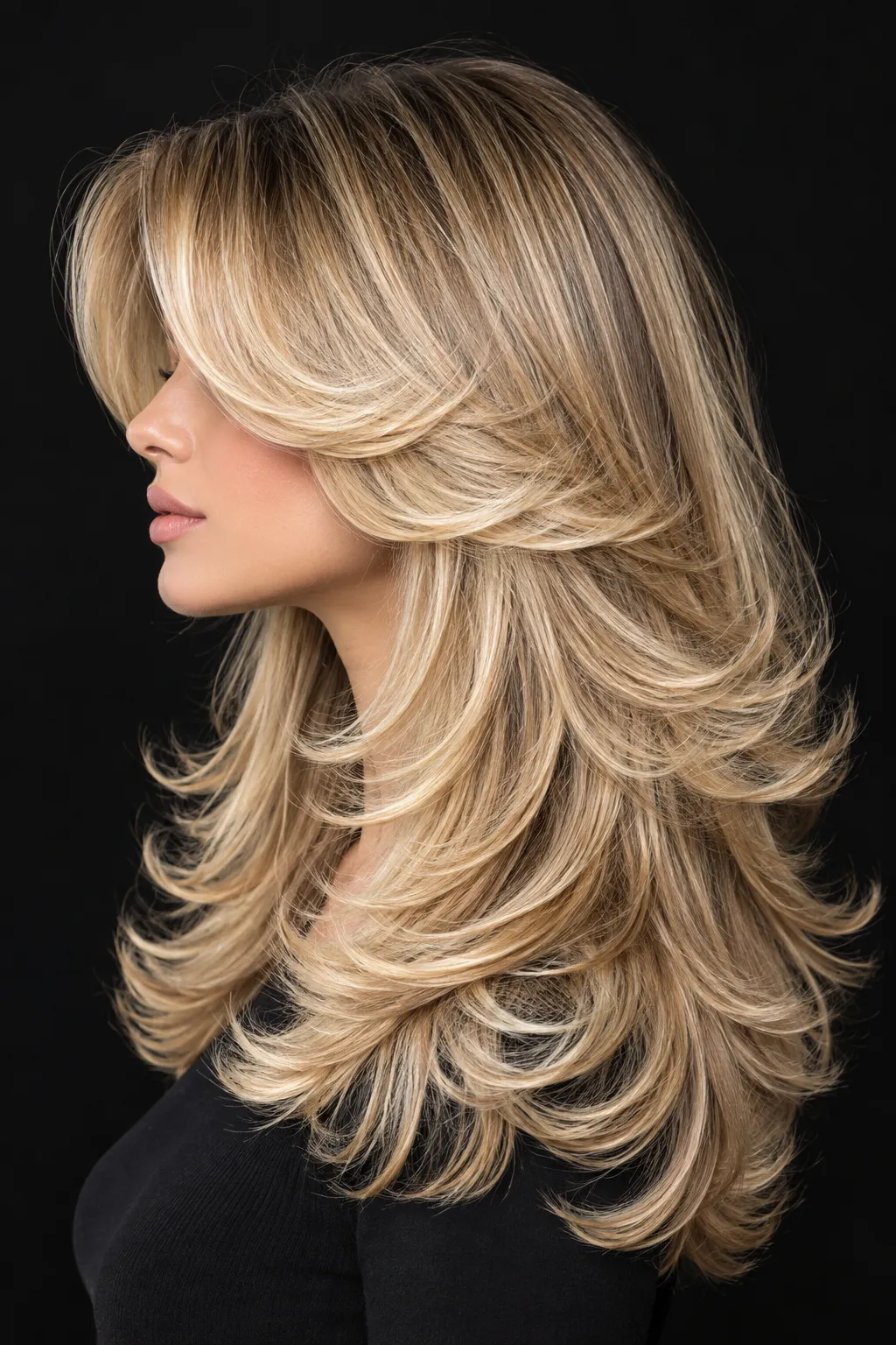 Golden Balayage Butterfly Cut with Curtain Bangs