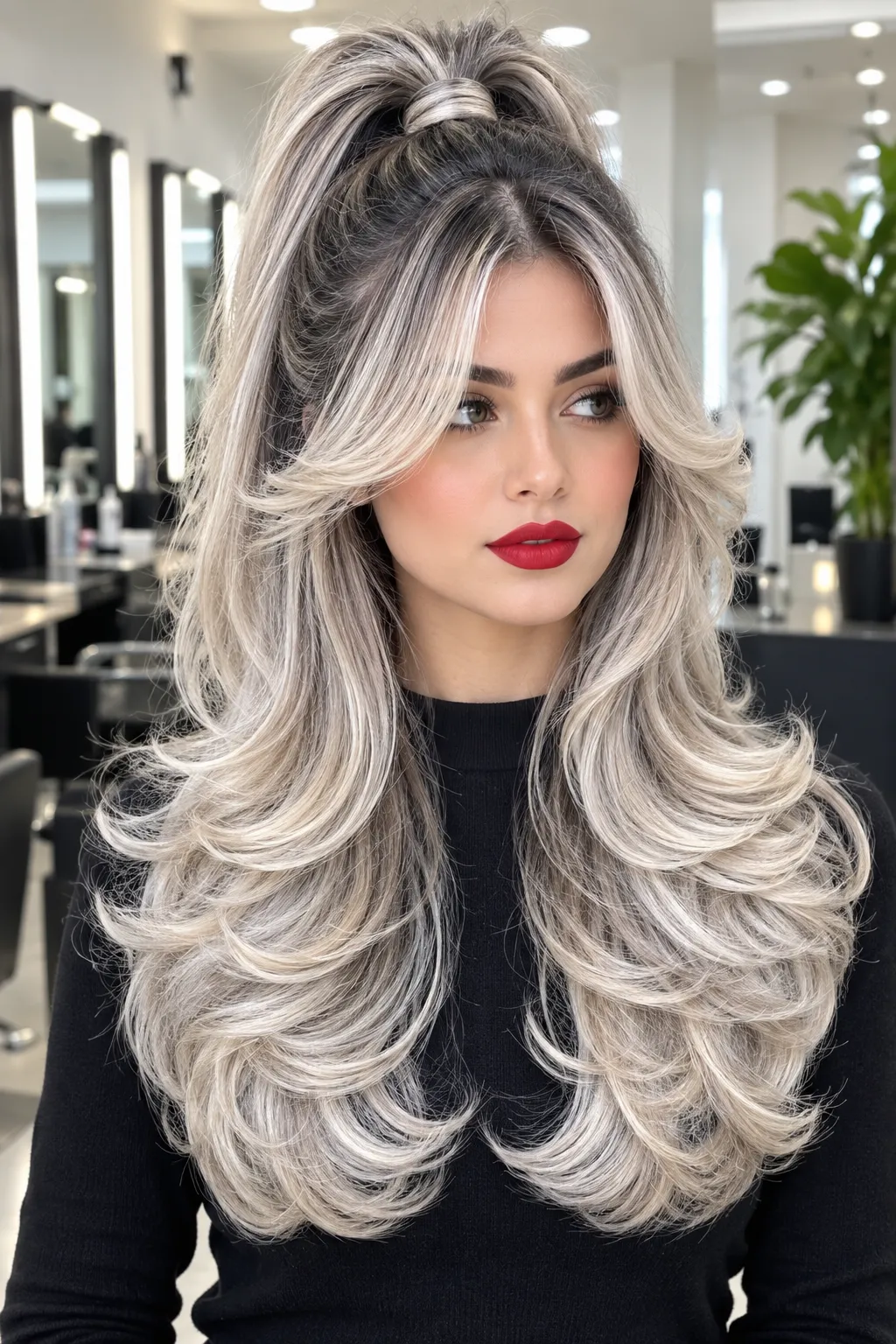 Half Up Platinum Butterfly Cut with Dark Roots