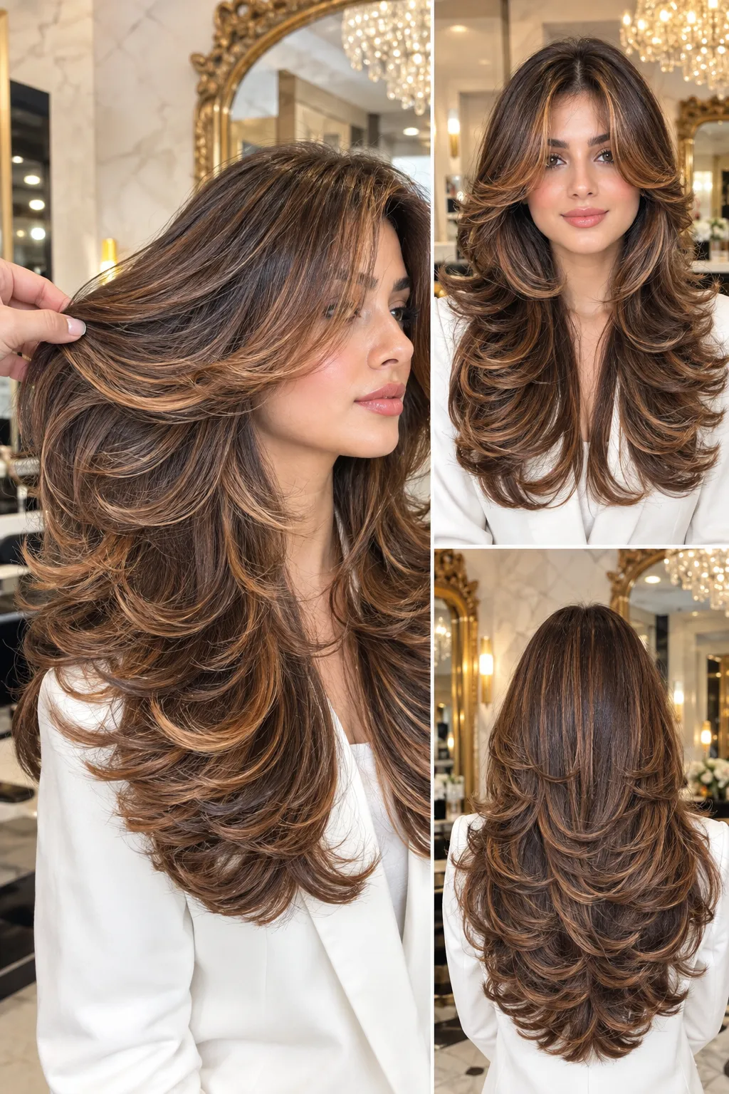Multi Angle Chestnut Butterfly Cut with Caramel Balayage