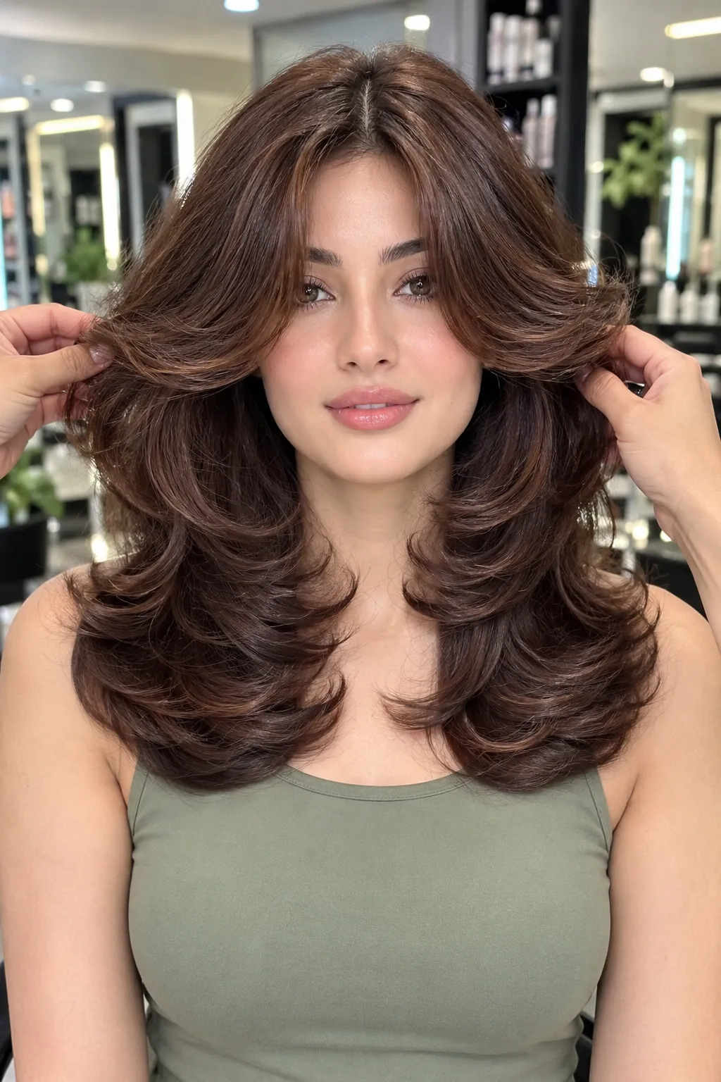 Shoulder Length Butterfly Cut with Chestnut Highlights