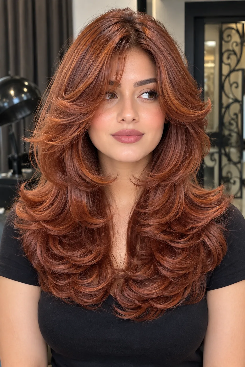 Vibrant Copper Red Butterfly Cut with Face Framing Layers