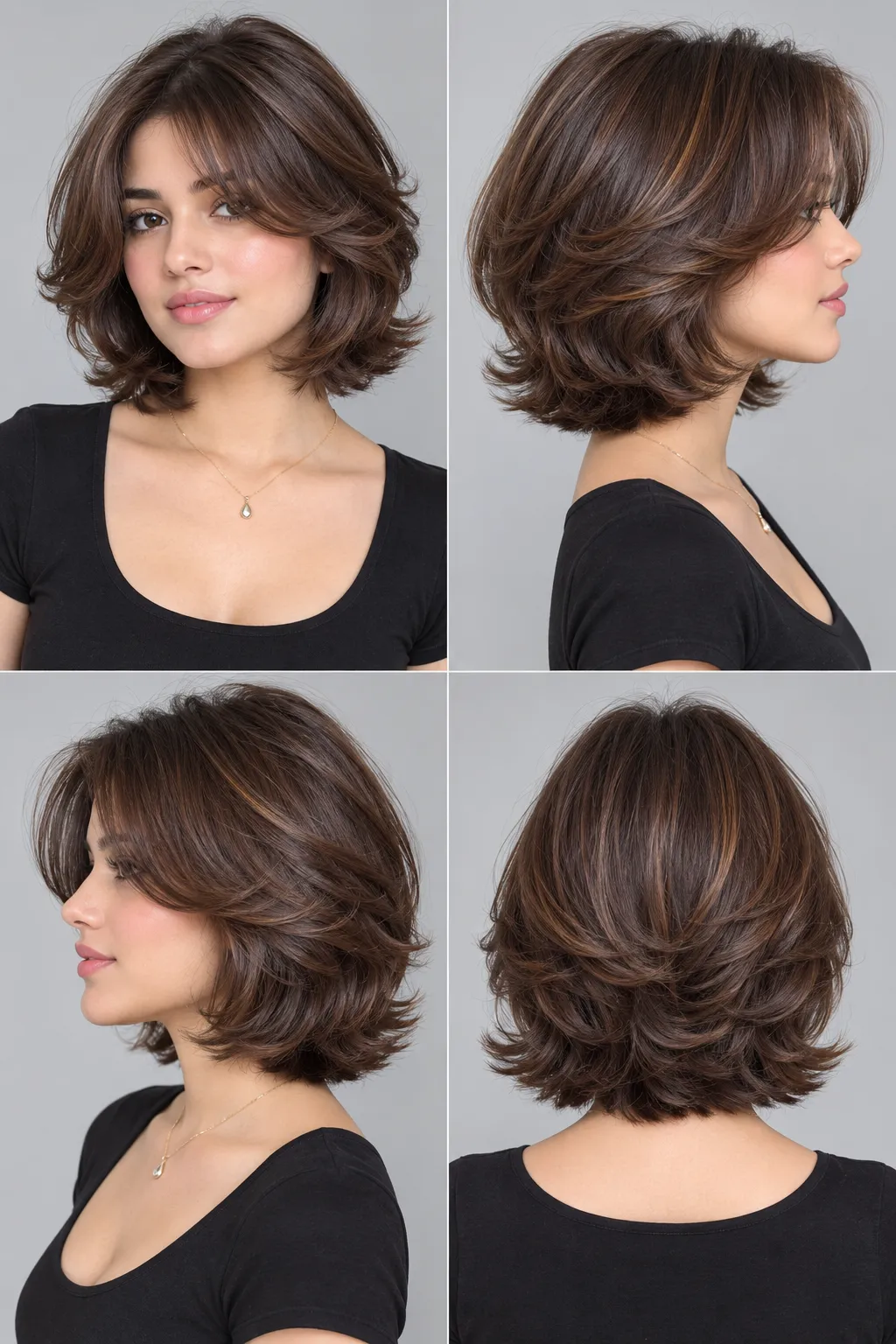 360 Degree Bob Butterfly Cut with Caramel Streaks