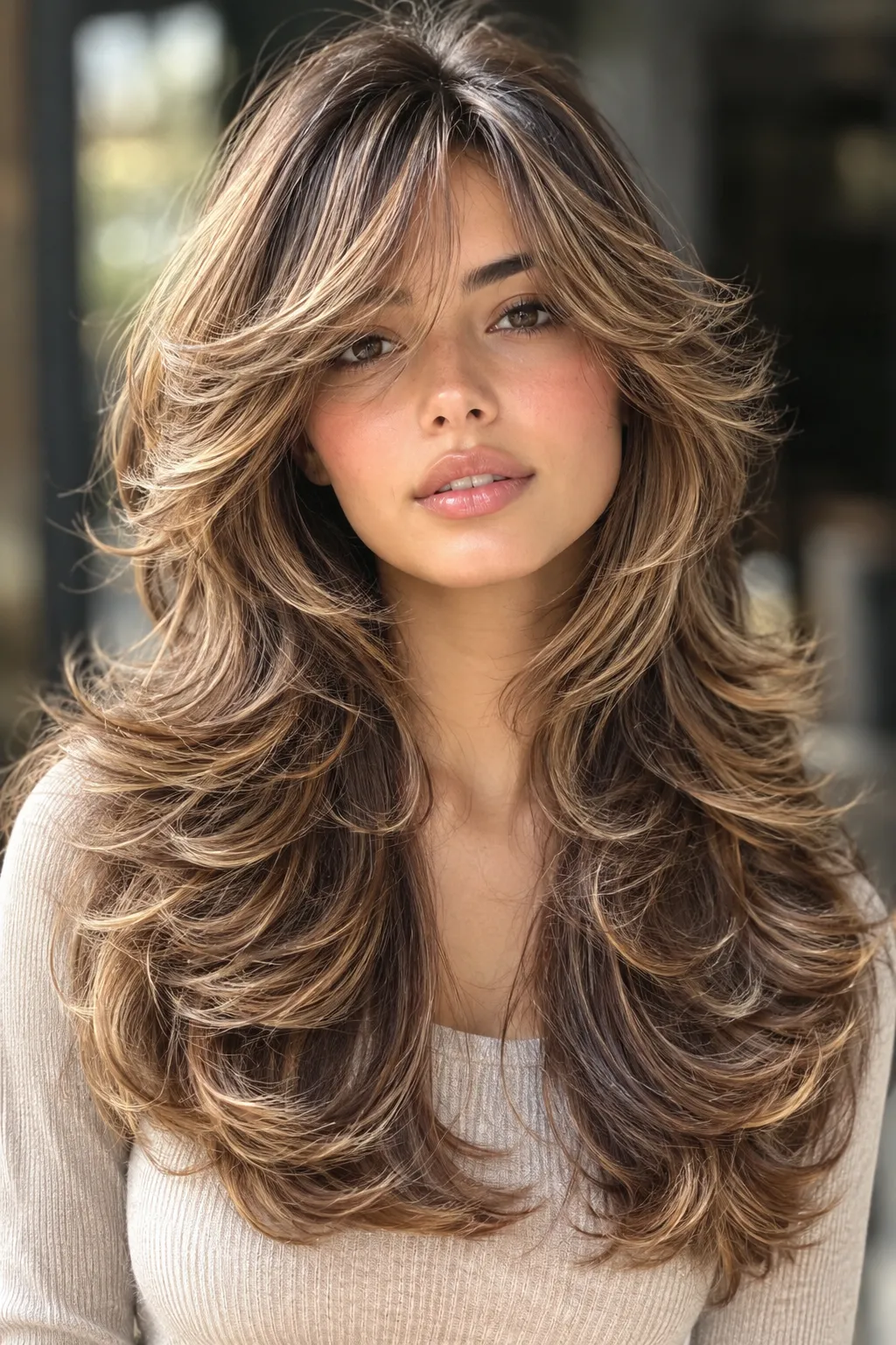 Sun Warmed Bronde Butterfly Cut with Face Framing Curls