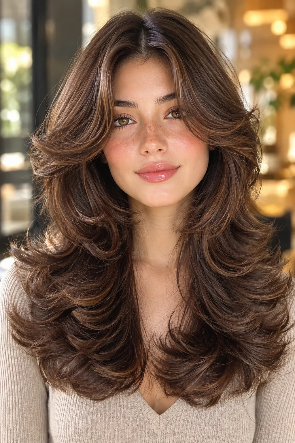  Freckled Beauty Butterfly Cut with Warm Brunette Tones